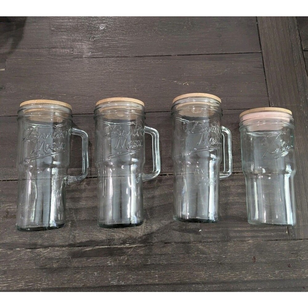 SET OF FOUR- Clear Mason Jar Cup With Bamboo Lid - No Straws